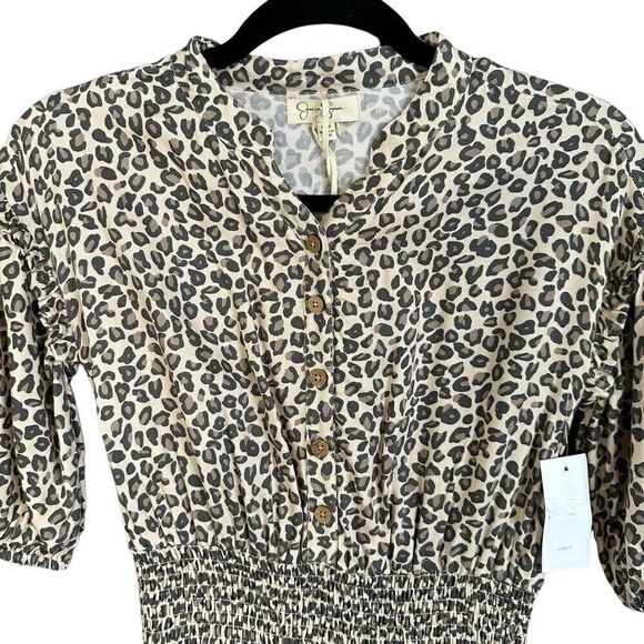 NWT Jessica Simpson Smocked Leopard Print Button Front Dress Black Tan - Picture 2 of 7